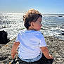Léandro participe au concours pour gagner de l'argent avec cette photo : toddler, child, ocean, rock, white_tshirt, curly_hair, sunlight, sea, water, sky, outdoor, nature, coast, waves, shore, summer, casual_clothing, portrait, back_view, daytime
