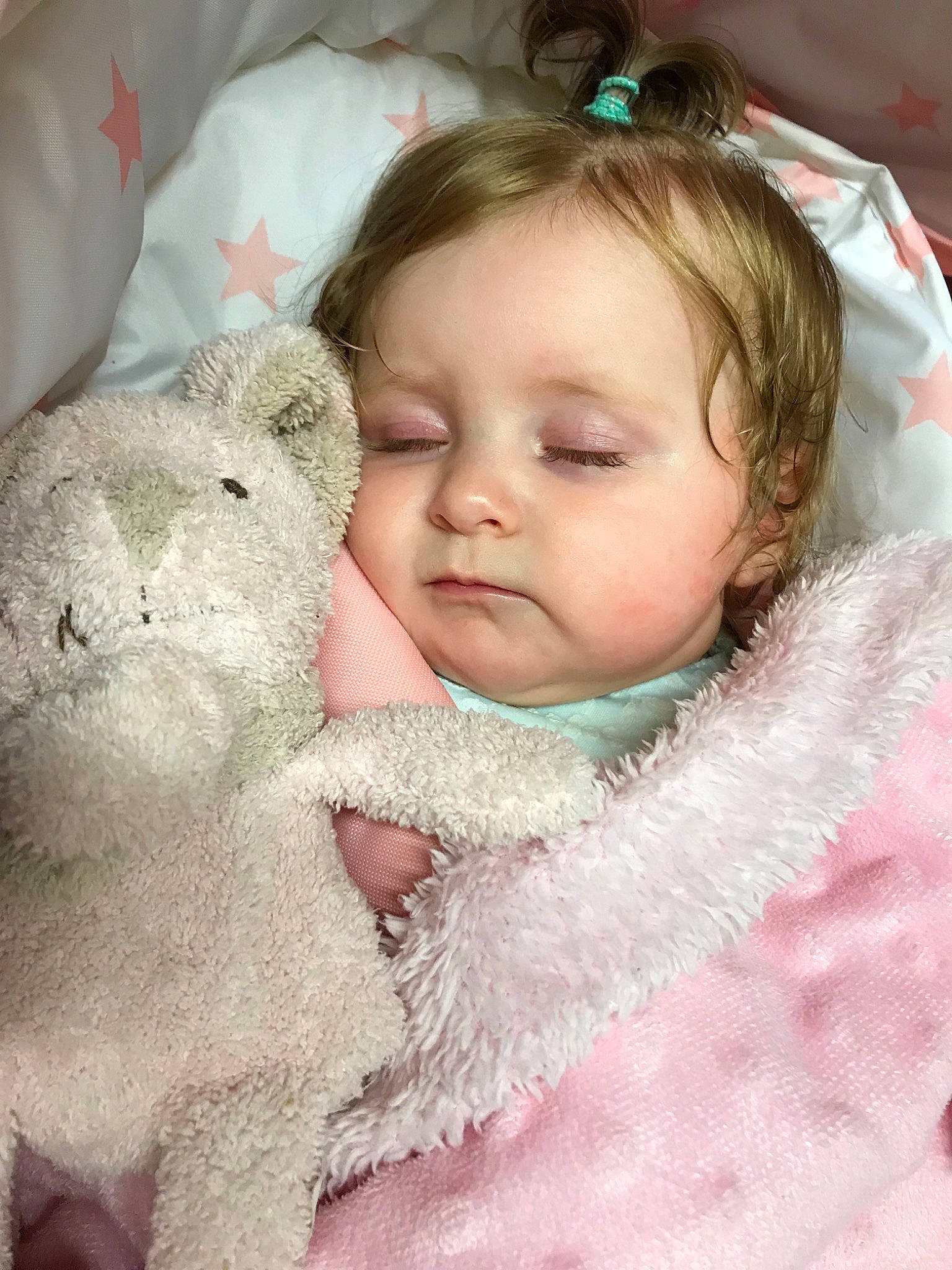 Charlotte joined the competition — help win amazing prizes! baby, bedtime, cheek, child, ear, eye, face, fur, head, iris, lip, nose, person, pink, skin, sleep, smile, stuffed_toy, teddy_bear, toddler