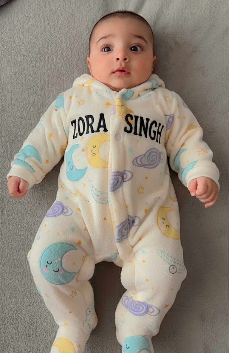 Zora is registered to the contest to win money with this photo: baby, infant, onesie, sleepwear, face, expression, clothing, moon, stars, clouds, soft_texture, lying_down, cute, child, portrait, sleepy_theme, hands, feet, name_print, indoors