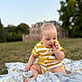 Jed participe au concours pour gagner de l'argent avec cette photo : baby, blanket, casual, child, cute, daylight, elephant_pattern, finger_in_mouth, grass, greenery, infant, mansion, nature, outdoor, playful, portrait, sitting, striped_clothing, trees, young_child