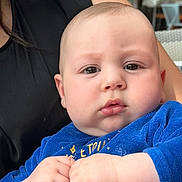 Jed participe au concours pour gagner de l'argent avec cette photo : baby, child, infant, blue_clothing, hands, face, chubby_cheeks, indoor, person, adult, black_clothing, portrait, closeup, curious_expression, skin, human, holding, seated, candid, soft_light