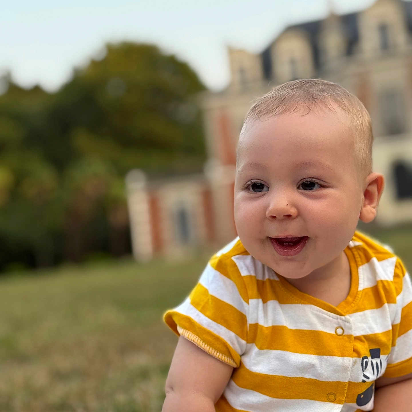 Jed participe au concours pour gagner de l'argent avec cette photo : baby, blanket, blurred_background, building, candid, casual_clothing, child, cute, daylight, face, grass, happy, nature, outdoor, portrait, sitting, smiling, striped_clothing, yellow_shirt, young_child