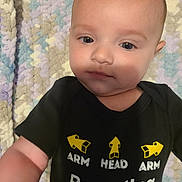 Oliver joined the competition — help win amazing prizes! baby, infant, child, face, eyes, tshirt, text, arrows, parenting, blanket, pastel_colors, soft_texture, closeup, portrait, skin, head, arm, laying_down, indoor, calm