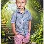 child, boy, portrait, standing, hands_in_pockets, smile, shirt, shorts, studio_background, fantasy_background, arch, stone_steps, greenery, plants, watermark, screenshot, phone_ui, email_app, indoor, casual_clothing