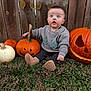 Wesley joined the competition — help win amazing prizes! autumn, baby, boots, child, cute, decoration, expression, fall, fence, grass, holiday, jack_o_lantern, nature, orange, outdoor, pumpkin, seasonal, sitting, sweater, white_pumpkin