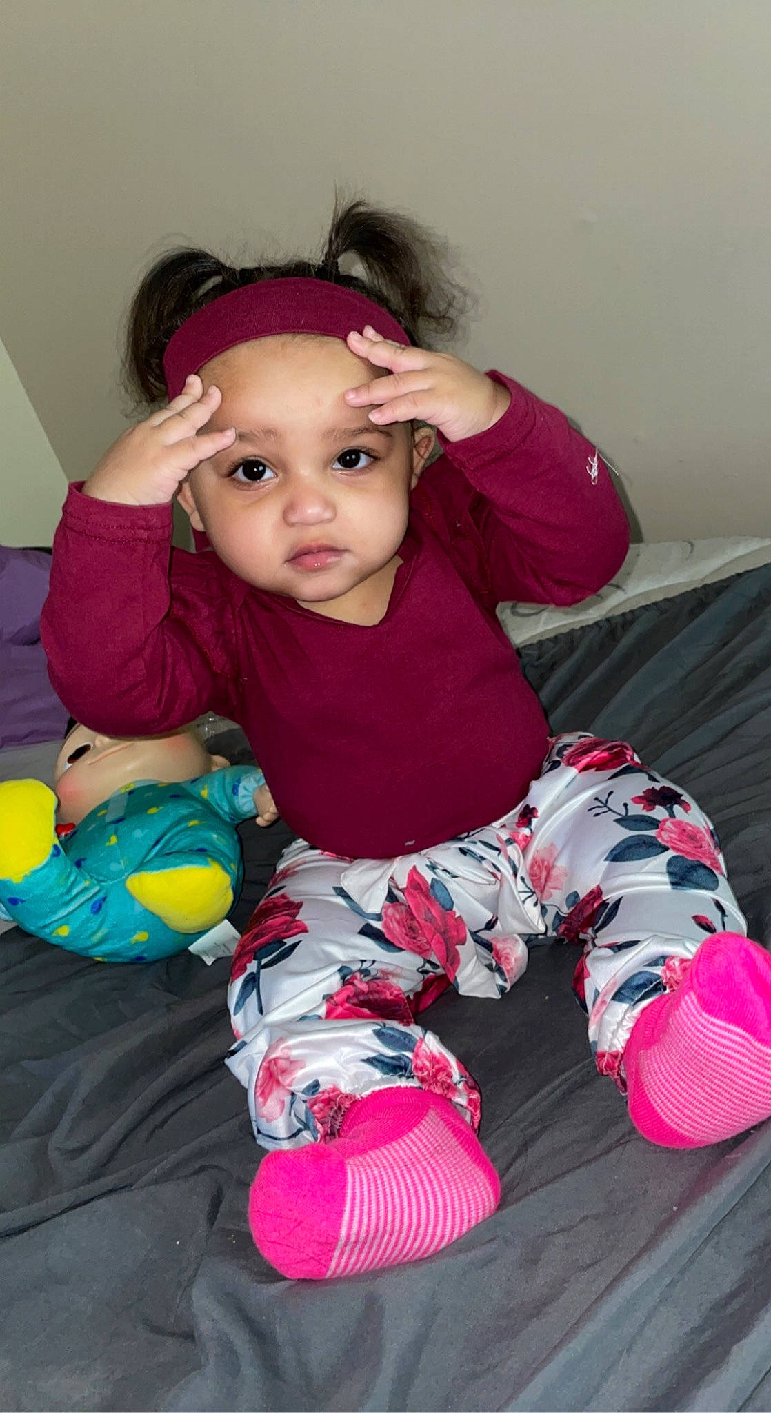 Bianca joined the competition — help win amazing prizes! arm, baby, baby_toddler_clothing, cheek, clothing, comfort, fun, happy, head, headwear, iris, magenta, person, pink, purple, red, skin, sleeve, sock, standing