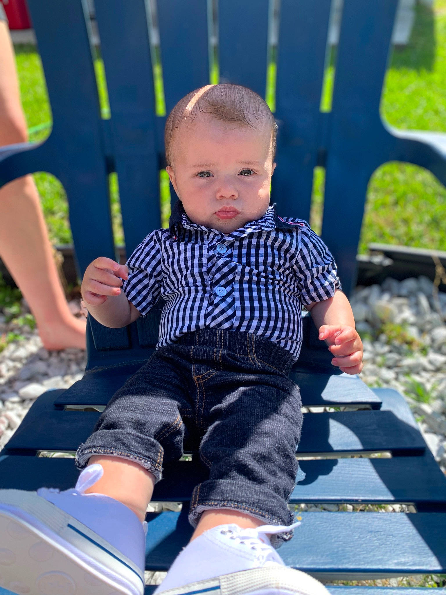 Cannon is registered to the contest to win money with this photo: baby, baby_toddler_clothing, chair, child, electric_blue, fun, grass, happy, human_leg, knee, leisure, pattern, person, recreation, shorts, sitting, sleeve, street_fashion, thigh, toddler