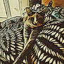 Kleo joined the competition — help win amazing prizes! cat, animal, pet, feline, relaxed, paws, blanket, patterned, indoor, cozy, resting, fur, striped, comfort, home, laying, warm_colors, artistic_style, closeup, cute