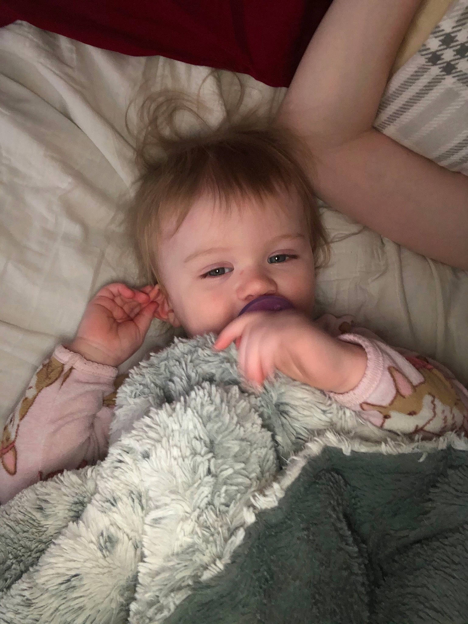 Raylynn is registered to the contest to win money with this photo: baby, baby_toddler_clothing, cheek, child, comfort, finger, gesture, happy, iris, linens, mammal, nose, pattern, person, sitting, skin, sleeve, smile, textile, thumb