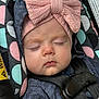baby, child, sleeping, headband, bow, car_seat, seatbelt, clothing, face, closeup, infant, pattern, pink, blue, apparel, safety, cute, peaceful, indoors, portrait