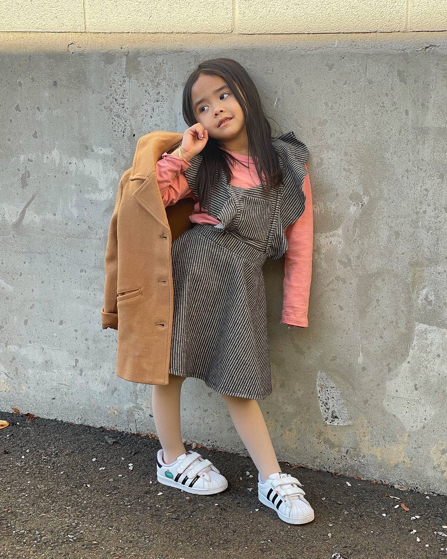 Kaia joined the competition — help win amazing prizes! blazer, brown_hair, day_dress, denim, eyewear, fashion_accessory, fashion_design, fashion_model, grey, human_leg, knee, neck, outerwear, pattern, person, shoe, sleeve, thigh, trench_coat, waist