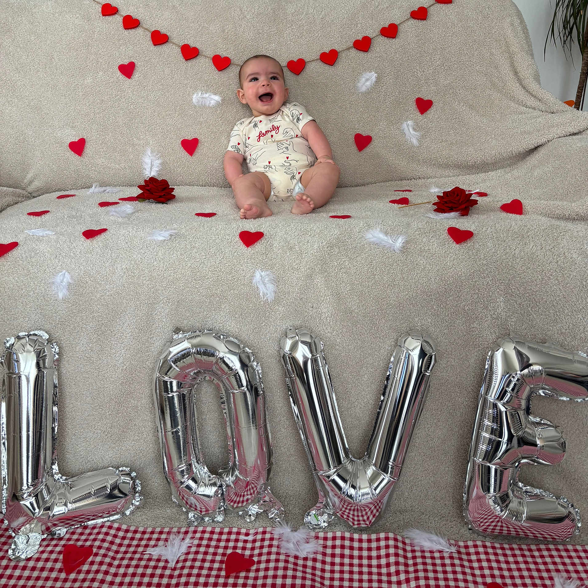 Ariano a rejoint le concours — aidez-le/la à gagner de superbes lots ! baby, balloons, blanket, celebration, child, cute, decor, feathers, feet, hearts, infant, love_decor, party, red_hearts, rose, silver_balloons, sitting, smiling, sofa, valentine