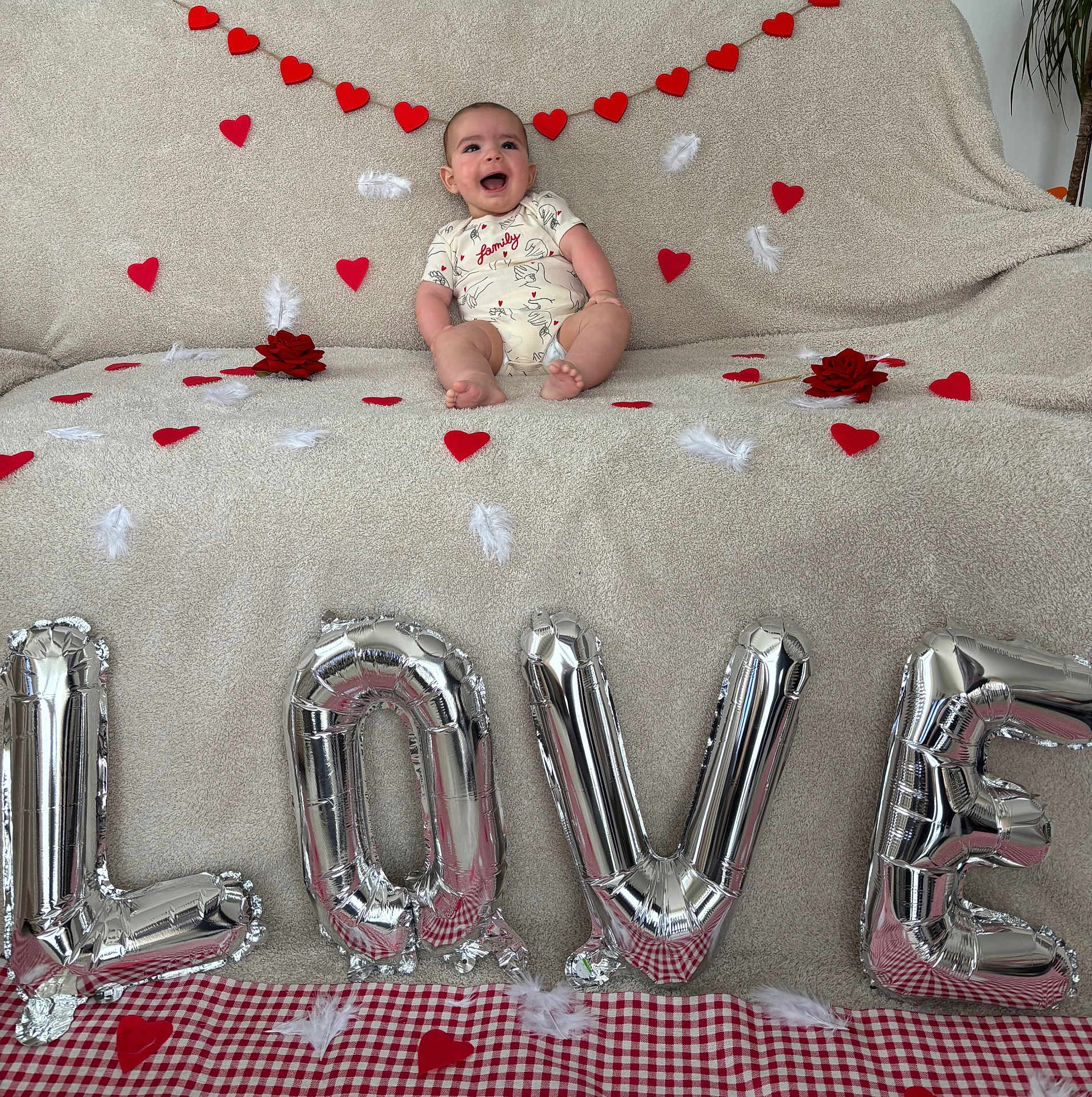 Ariano a rejoint le concours — aidez-le/la à gagner de superbes lots ! baby, infant, child, smiling, sitting, sofa, blanket, hearts, red_hearts, feathers, rose, balloons, silver_balloons, love_decor, valentine, cute, feet, celebration, party, decor