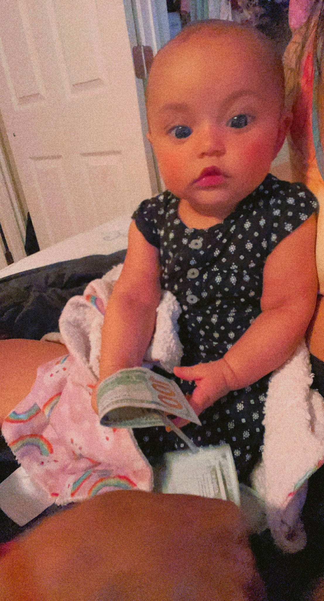 Kataleya is registered to the contest to win money with this photo: arm, baby, baby_toddler_clothing, cheek, chin, comfort, door, eye, eyelash, finger, happy, head, human_body, iris, lip, neck, person, pink, skin, sleeve