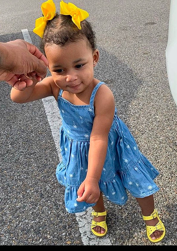 Caylee joined the competition — help win amazing prizes! baby, baby_toddler_clothing, blue, child, child_model, dress, footwear, happy, joy, person, play, shoe, smile, toddler, vacation, yellow