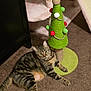 cat, tabby_cat, scratching_post, christmas_tree, pom_poms, carpet, indoor, pet, feline, resting, home, cozy, animal, fur, whiskers, playful, cute, relaxed, decor, cat_tree