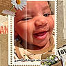 Davonta is registered to the contest to win money with this photo: baby, smile, close_up, flower, daisy, bouquet, newspaper, vintage_frame, text_overlay, child, portrait, cute, face, infant, happy, clothing, decor, background, paper, photography