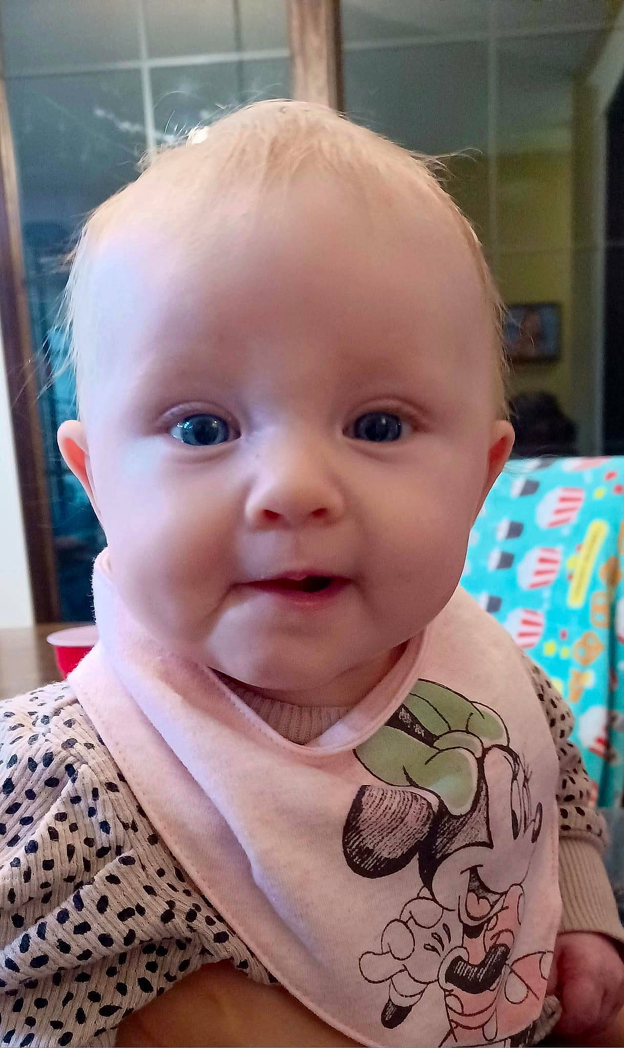 Elsie is registered to the contest to win money with this photo: baby, baby_products, baby_toddler_clothing, cheek, child, chin, ear, eye, eyebrow, eyelash, forehead, iris, lip, mouth, nose, organ, person, photograph, skin, sleeve