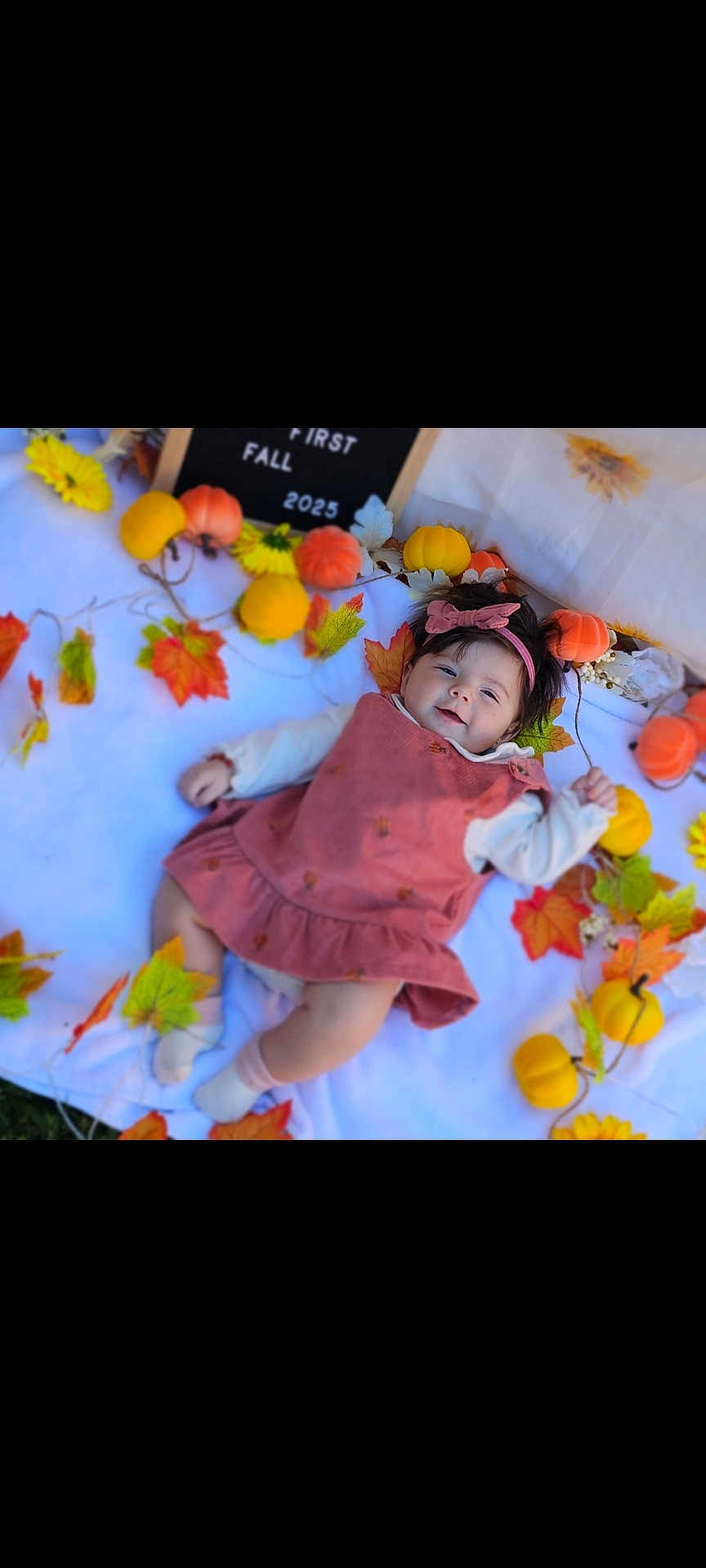 Kaira is registered to the contest to win money with this photo: baby, child, infant, autumn, fall, leaves, pumpkins, blanket, headband, smile, outdoor, seasonal, decoration, cute, portrait, clothing, nature, colorful, happy, photography