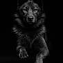 animal, black_and_white, canine, close_up, dark_background, detailed, dog, expression, eyes, face, fur, majestic, monochrome, muzzle, paw, pet, photography, portrait, regal, studio_lighting