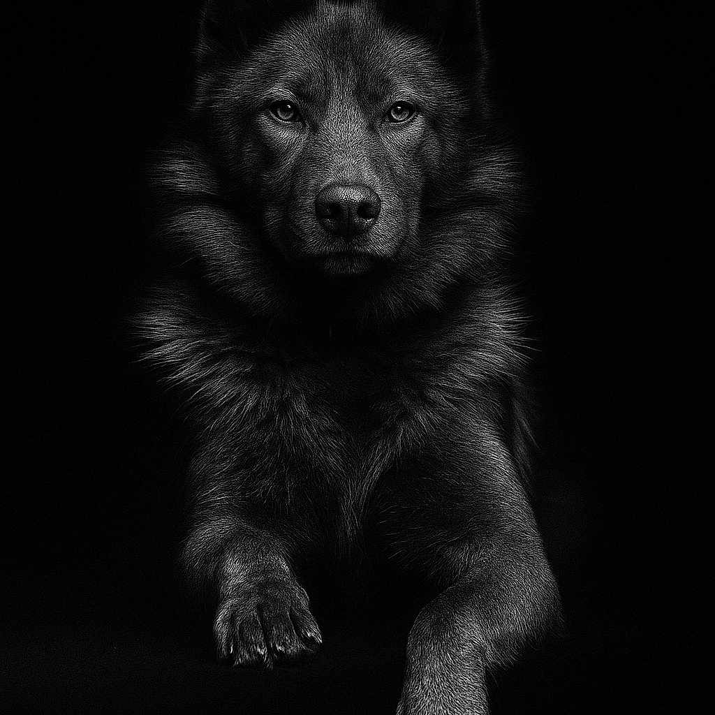 Freya is registered to the contest to win money with this photo: animal, black_and_white, canine, close_up, dark_background, detailed, dog, expression, eyes, face, fur, majestic, monochrome, muzzle, paw, pet, photography, portrait, regal, studio_lighting