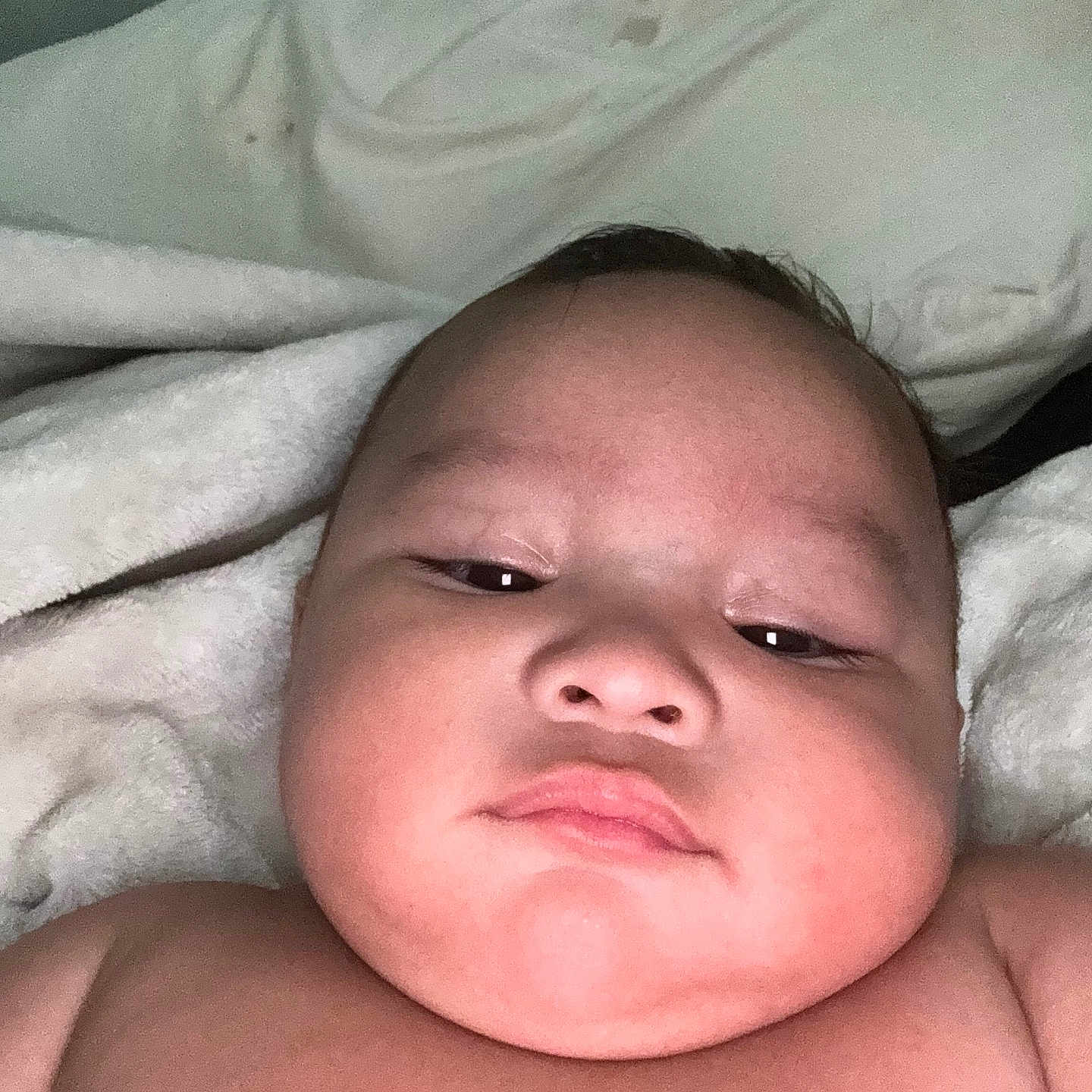 Kalijiah is registered to the contest to win money with this photo: baby, bed, blanket, cheeks, child, closeup, cuteness, expressionless, face, head, indoors, infant, lying_down, newborn, person, portrait, resting, skin, soft, young