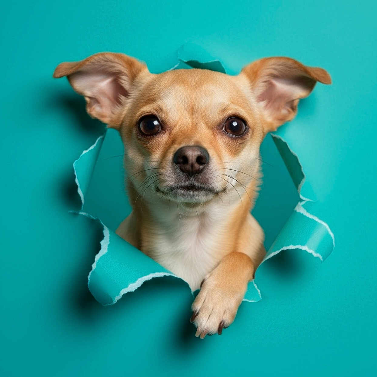 Turbo is registered to the contest to win money with this photo: dog, chihuahua, pet, canine, portrait, tan_fur, brown_eyes, floppy_ears, black_nose, paw, turquoise_background, torn_paper, wall, dramatic_pose, close_up, centered_composition, studio_lighting, surreal, cute, ai_generated