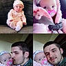 Savannah is registered to the contest to win money with this photo: baby, infant, child, father, parent, family, portrait, collage, four_panel, pacifier, pink_clothing, baby_hat, plush_toy, couch, sitting, close_up, indoor, selfie, affection, smiling