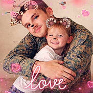 Savannah is registered to the contest to win money with this photo: child, adult, smiling, hugging, portrait, selfie, family, camouflage, uniform, animal_filter, cat_ears, nose_filter, hearts, sparkles, pink, love, indoors, close_up, digital_effects, happy