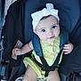 baby, child, stroller, headband, polka_dot, yellow_clothing, smile, blue_eyes, infant, cute, sitting, seatbelt, blanket, indoors, person, portrait, baby_girl, happy, toddler, closeup