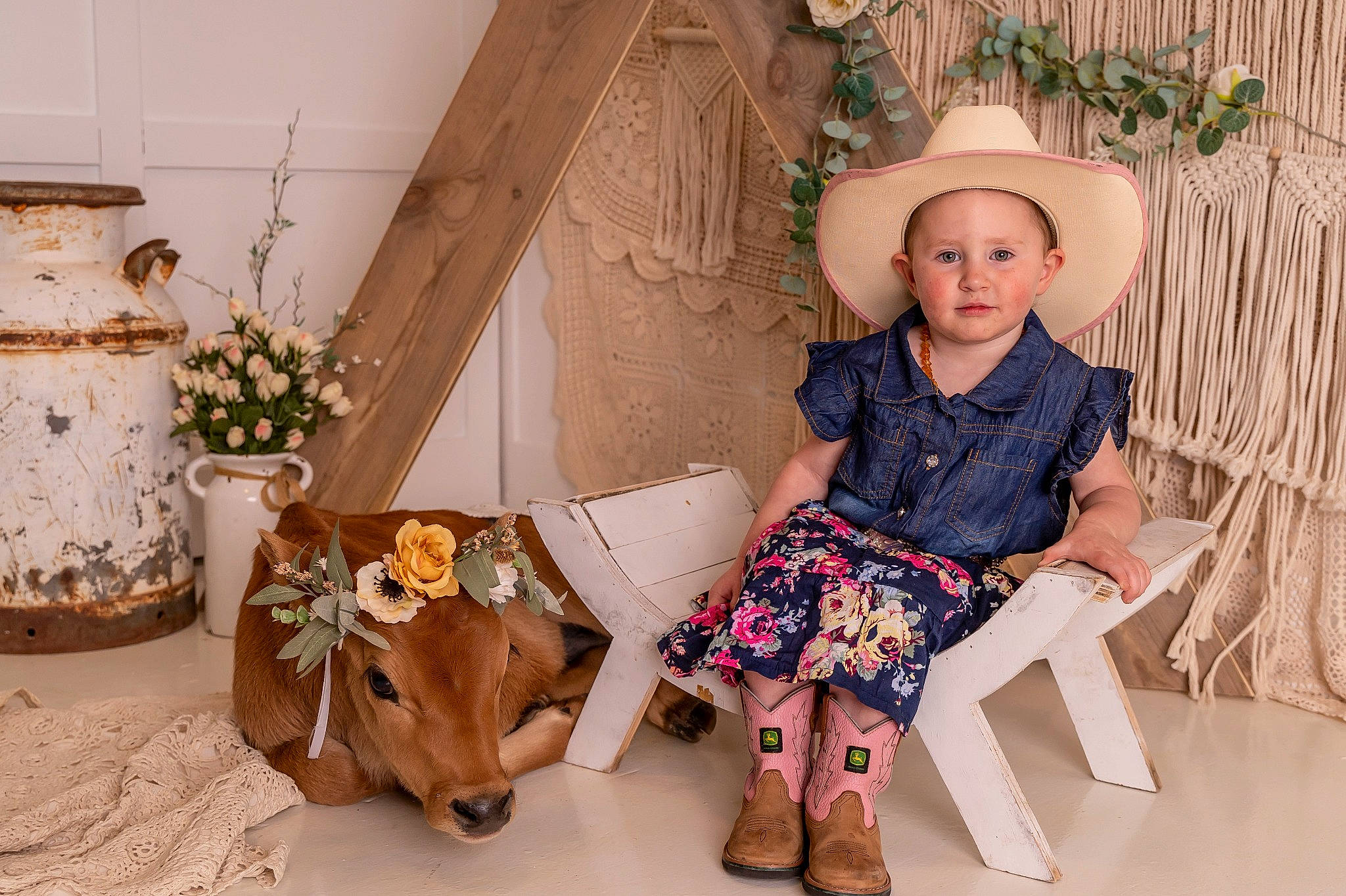 Rias is registered to the contest to win money with this photo: baby_toddler_clothing, chair, child, cowboy_hat, doll, dress, fashion_design, fawn, flowerpot, hat, houseplant, person, pink, plant, sleeve, sun_hat, textile, toy, vintage_clothing, white