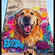 Pakko participe au concours pour gagner de l'argent avec cette photo : animal, art, blue_sky, canine, colorful, concrete_pillar, dog, golden_retriever, graffiti, happy, mural, outdoor, pet, portrait, smiling, street_art, sunny, tongue_out, urban, wall