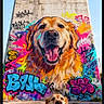 animal, art, blue_sky, canine, colorful, concrete_pillar, dog, golden_retriever, graffiti, happy, mural, outdoor, pet, portrait, smiling, street_art, sunny, tongue_out, urban, wall