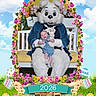 baby, easter_bunny, costume, bench, flowers, basket, easter_eggs, grass, sky, clouds, person, child, smile, glasses, overalls, holiday, spring, decoration, portrait, celebration