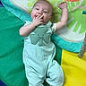 baby, blue, bright_colors, child, colorful, cute, face, green, hand_in_mouth, happy, indoors, infant, light_blue_outfit, lying_down, person, play_mat, raised_arm, smiling_star, soft_toys, yellow