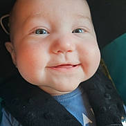 Dean is registered to the contest to win money with this photo: baby, infant, smiling, face, car_seat, safety_harness, blue_shirt, child, cute, closeup, head, cheeks, happy, straps, seatbelt, person, portrait, indoors, young_child, expression