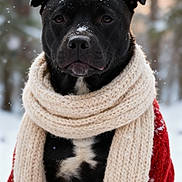Stephanie Jansch a rejoint le concours — aidez-le/la à gagner de superbes lots ! dog, black_dog, scarf, red_sweater, snow, winter, outdoor, forest, frost, cold, animal, pet, portrait, cozy, knitwear, cute, fur, nature, seasonal, snowflakes