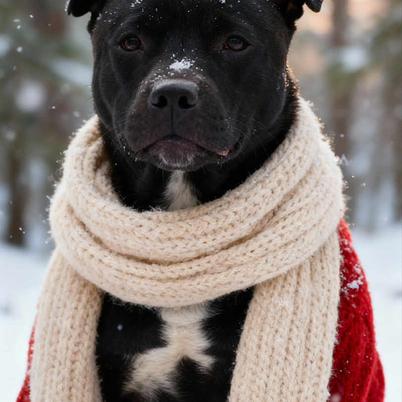 Stephanie Jansch a rejoint le concours — aidez-le/la à gagner de superbes lots ! animal, black_dog, cold, cozy, cute, dog, forest, frost, fur, knitwear, nature, outdoor, pet, portrait, red_sweater, scarf, seasonal, snow, snowflakes, winter