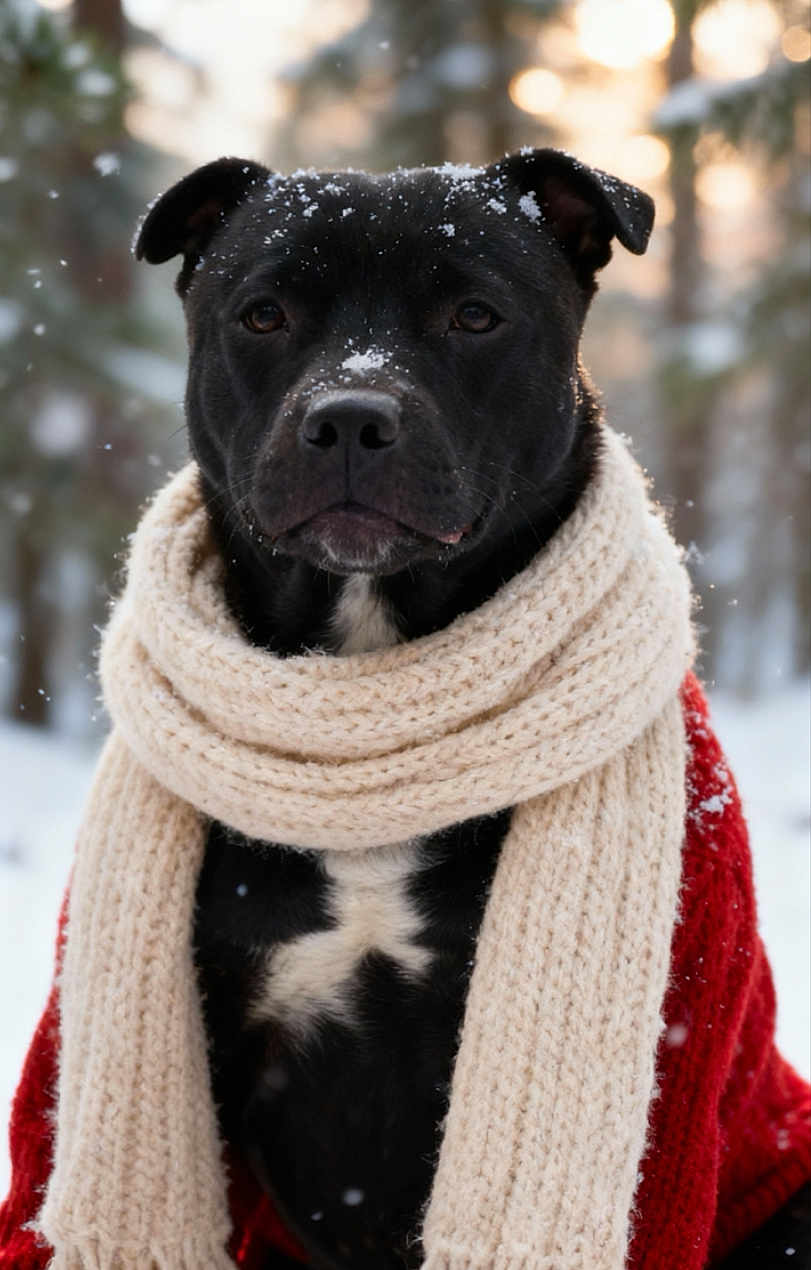Stephanie Jansch a rejoint le concours — aidez-le/la à gagner de superbes lots ! dog, black_dog, scarf, red_sweater, snow, winter, outdoor, forest, frost, cold, animal, pet, portrait, cozy, knitwear, cute, fur, nature, seasonal, snowflakes