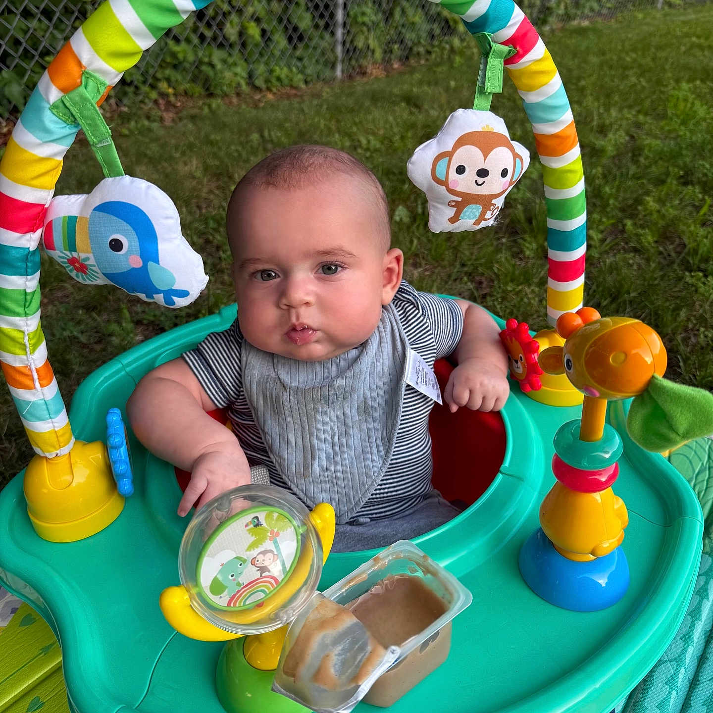 Dakeem is registered to the contest to win money with this photo: activity_center, baby, bib, blue, child, colorful, cute, face, feeding, fence, grass, green, infant, outdoor, person, plastic, play, seat, toy, yellow