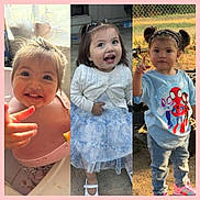 Mariella is registered to the contest to win money with this photo: toddler, baby, child, smiling, happy, outdoor, indoor, dress, sweater, tshirt, jeans, sneakers, high_chair, hair_ties, portrait, person, cute, playful, daylight, collage