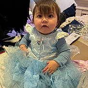 Mariella is registered to the contest to win money with this photo: toddler, child, dress, blue_dress, princess_costume, tiara, indoor, blanket, clothing, person, face, hair, sitting, curious, cute, soft_lighting, fabric, home, portrait, hands