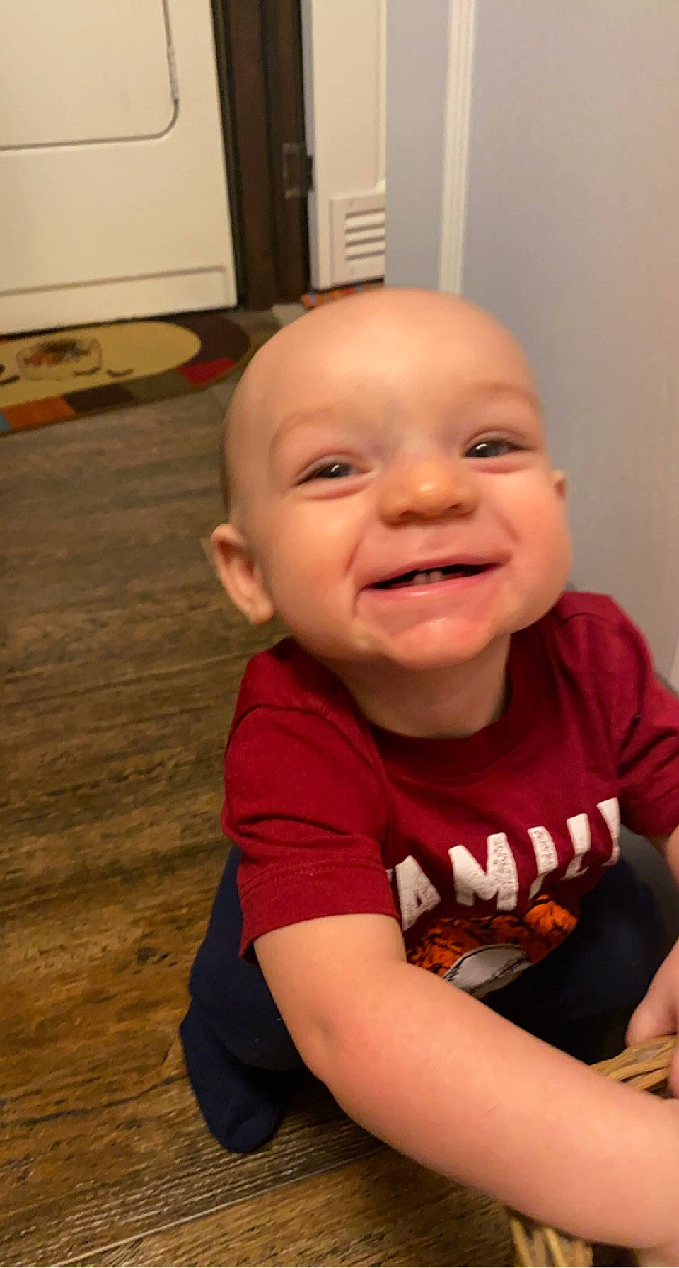 Kaizer is registered to the contest to win money with this photo: baby, baby_laughing, baby_toddler_clothing, cheek, child, chin, flooring, happy, iris, joy, lip, mouth, nose, person, skin, sleeve, smile, t_shirt, thumb, toddler