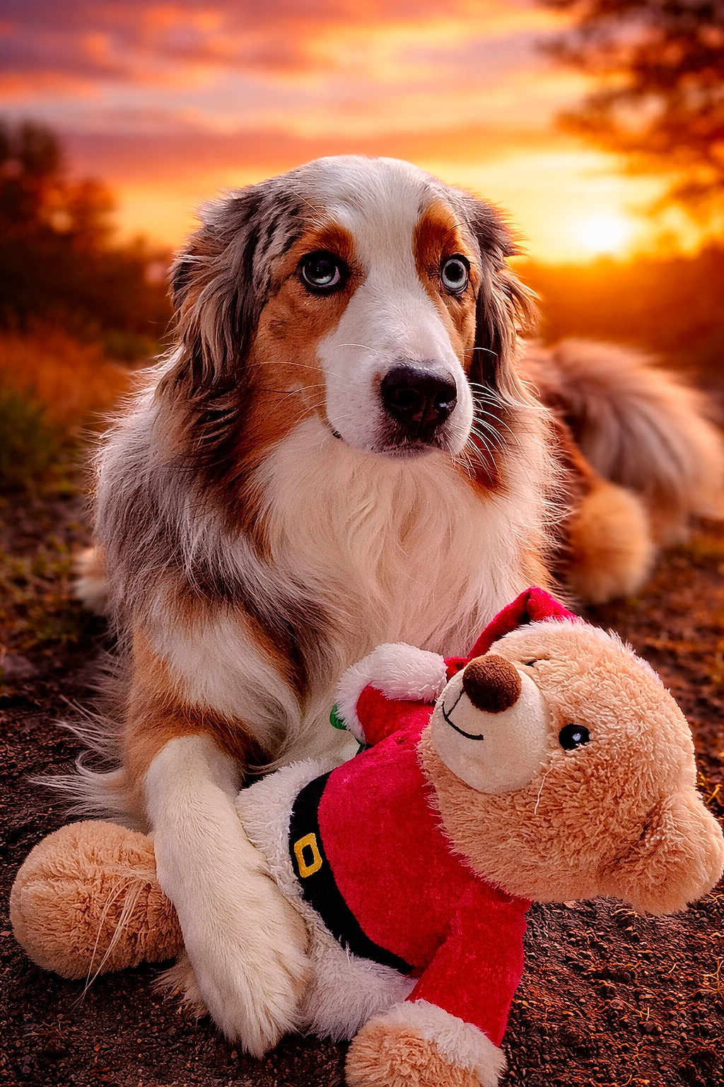 Tina participe au concours pour gagner de l'argent avec cette photo : dog, australian_shepherd, blue_eyes, sunset, outdoor, plush_toy, teddy_bear, festive, santa_outfit, fur, nature, animal, pet, cuddling, toy, grass, warm_light, portrait, cute, companion