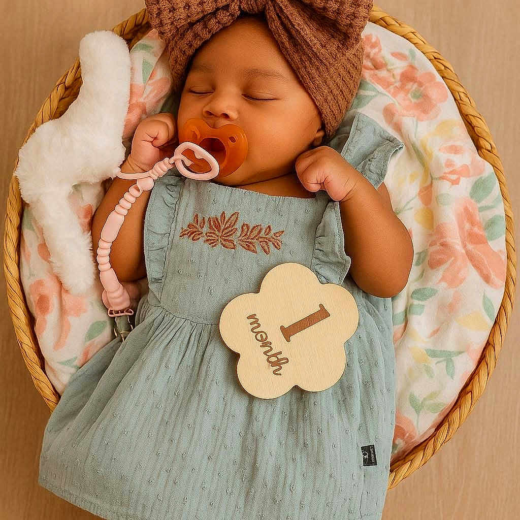 Xaviah is registered to the contest to win money with this photo: 1_month, baby, basket, blanket, bow, child, cute, dress, floral_pattern, headwear, indoors, infant, newborn, pacifier, peaceful, portrait, sleeping, soft_lighting, wooden_sign, wrapped