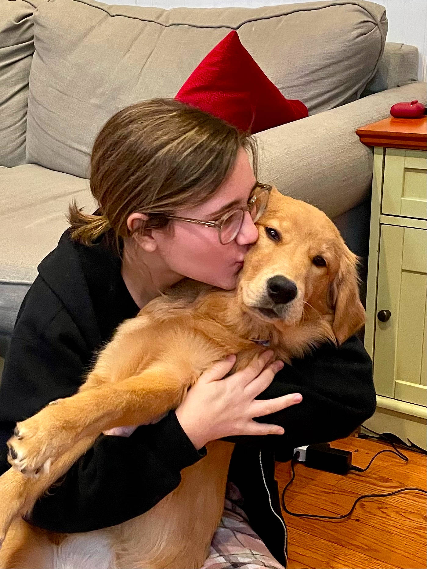 Linda is registered to the contest to win money with this photo: cabinetry, carnivore, chest_of_drawers, comfort, companion_dog, cupboard, dog, dog_breed, drawer, dresser, fawn, fur, human, love, nightstand, pet_supply, retriever, sideboard, sporting_group, vertebrate