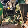 dog, tractor, muddy, seat, outdoor, farm, nature, green, animal, pet, rural, tree, sky, sunlight, vehicle, metal, rustic, farm_equipment, canine, grass