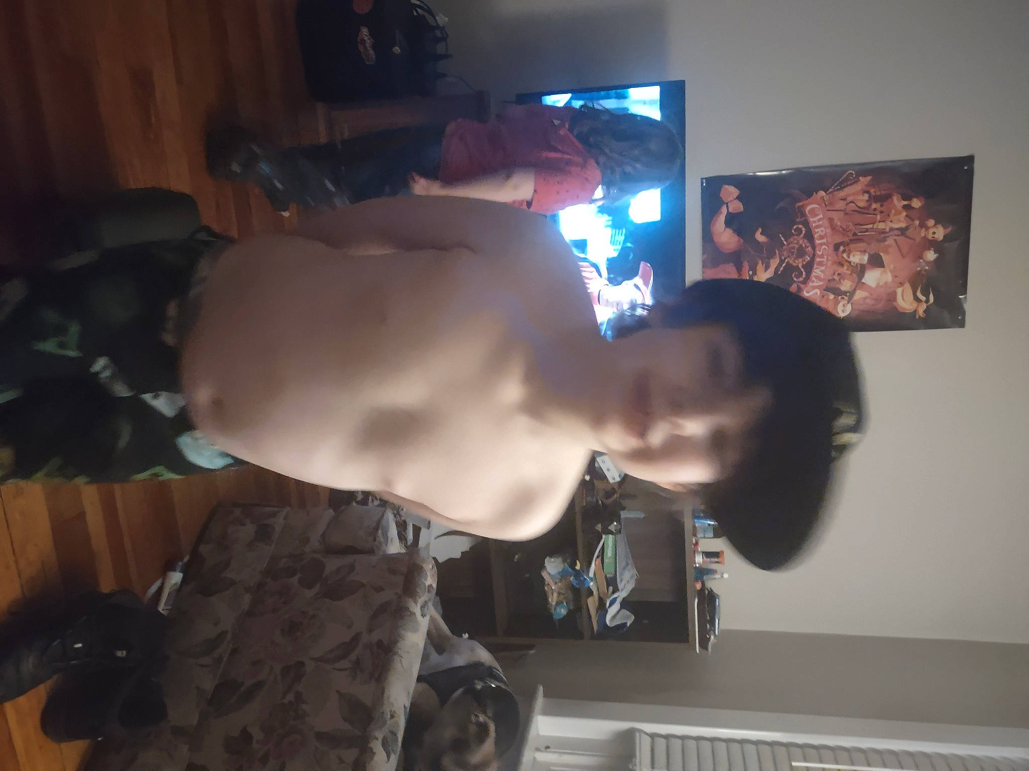 William joined the competition — help win amazing prizes! abdomen, art, barechested, chest, elbow, event, eyewear, facial_hair, flash_photography, flesh, fun, gesture, joy, military_camouflage, muscle, person, room, shoulder, thigh, trunk