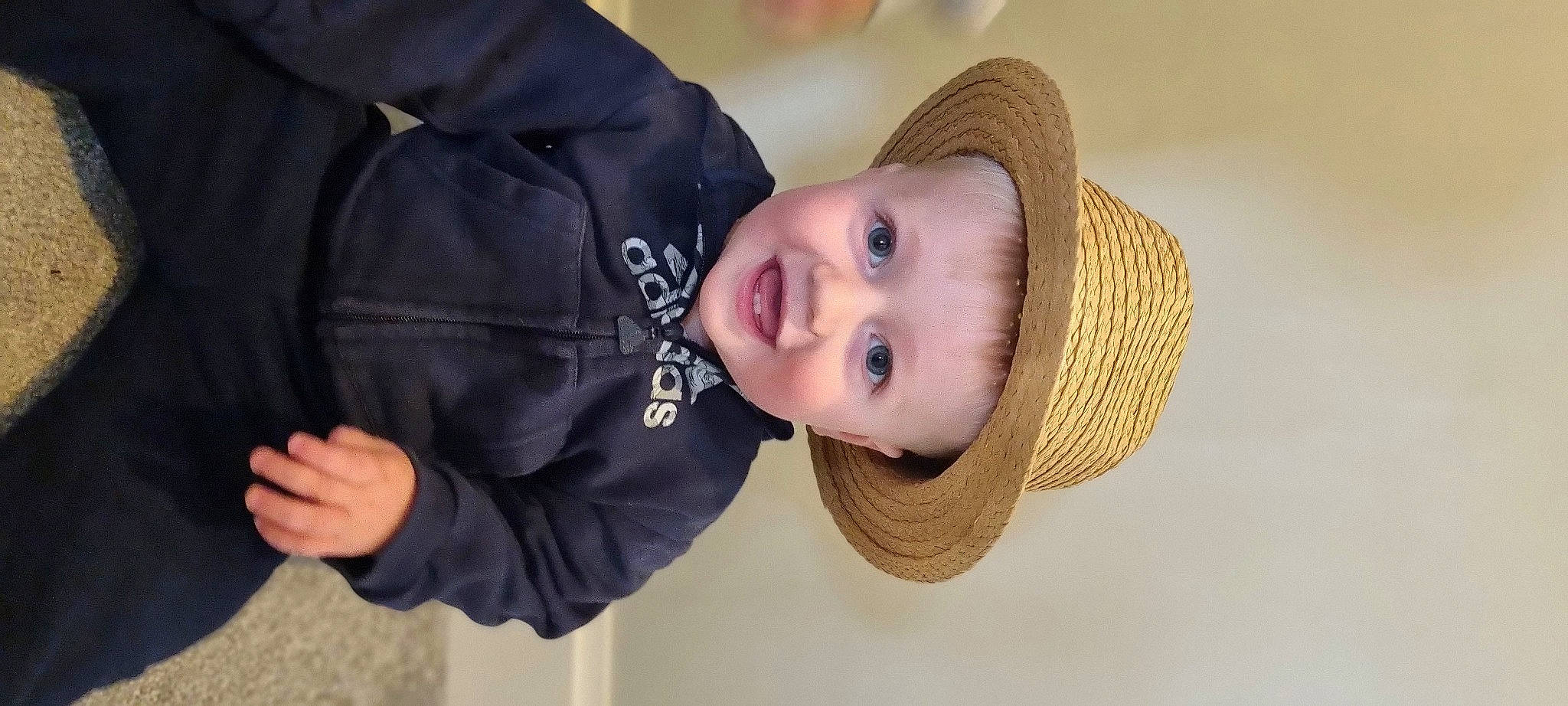 William joined the competition — help win amazing prizes! baby, baby_toddler_clothing, cap, cheek, child, fashion_accessory, flash_photography, fun, gesture, happy, hat, headgear, joy, nose, outerwear, person, skin, sleeve, smile, sun_hat