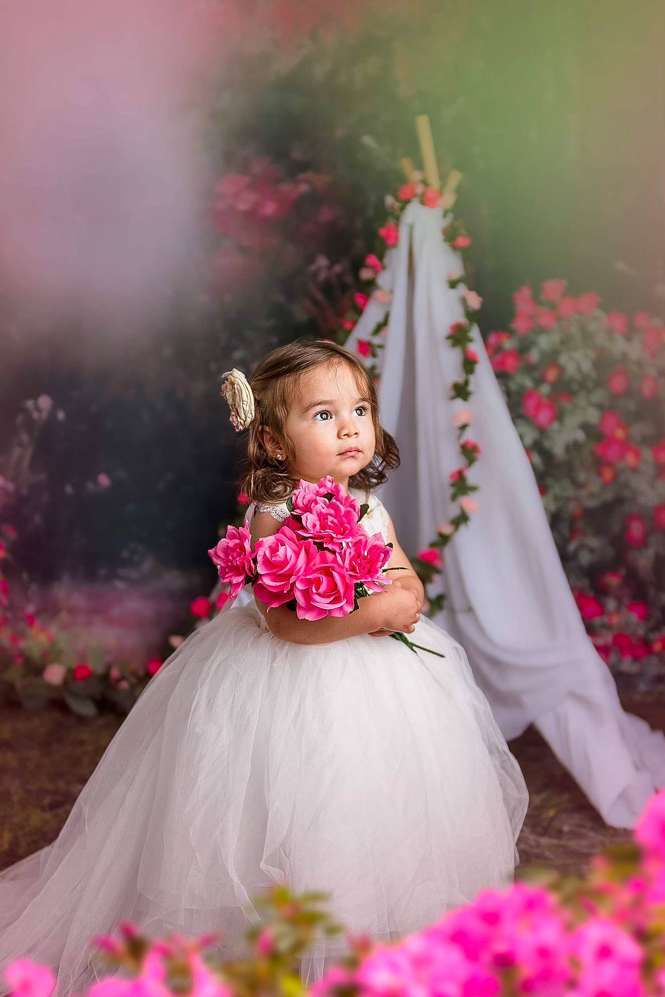 Melanie joined the competition — help win amazing prizes! bridal_clothing, dress, event, flash_photography, flower, flower_arranging, formal_wear, gown, grass, hairstyle, happy, head, magenta, nature, people_in_nature, person, petal, pink, plant, toddler